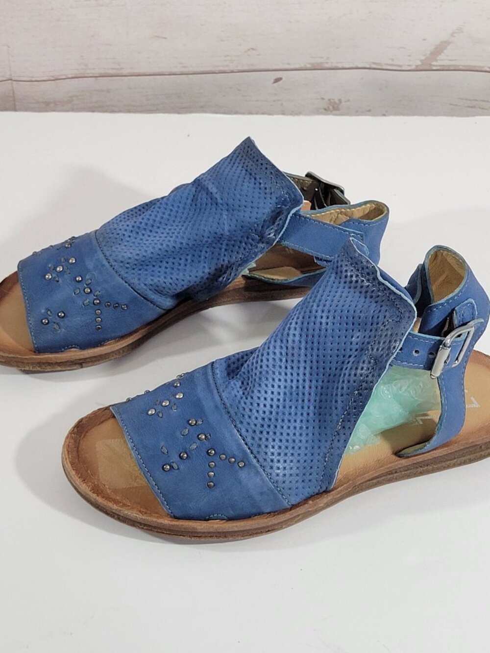Miz Mooz Fifi Sandals Womens 36 Blue Suede Leather Perforated Studded Buckle